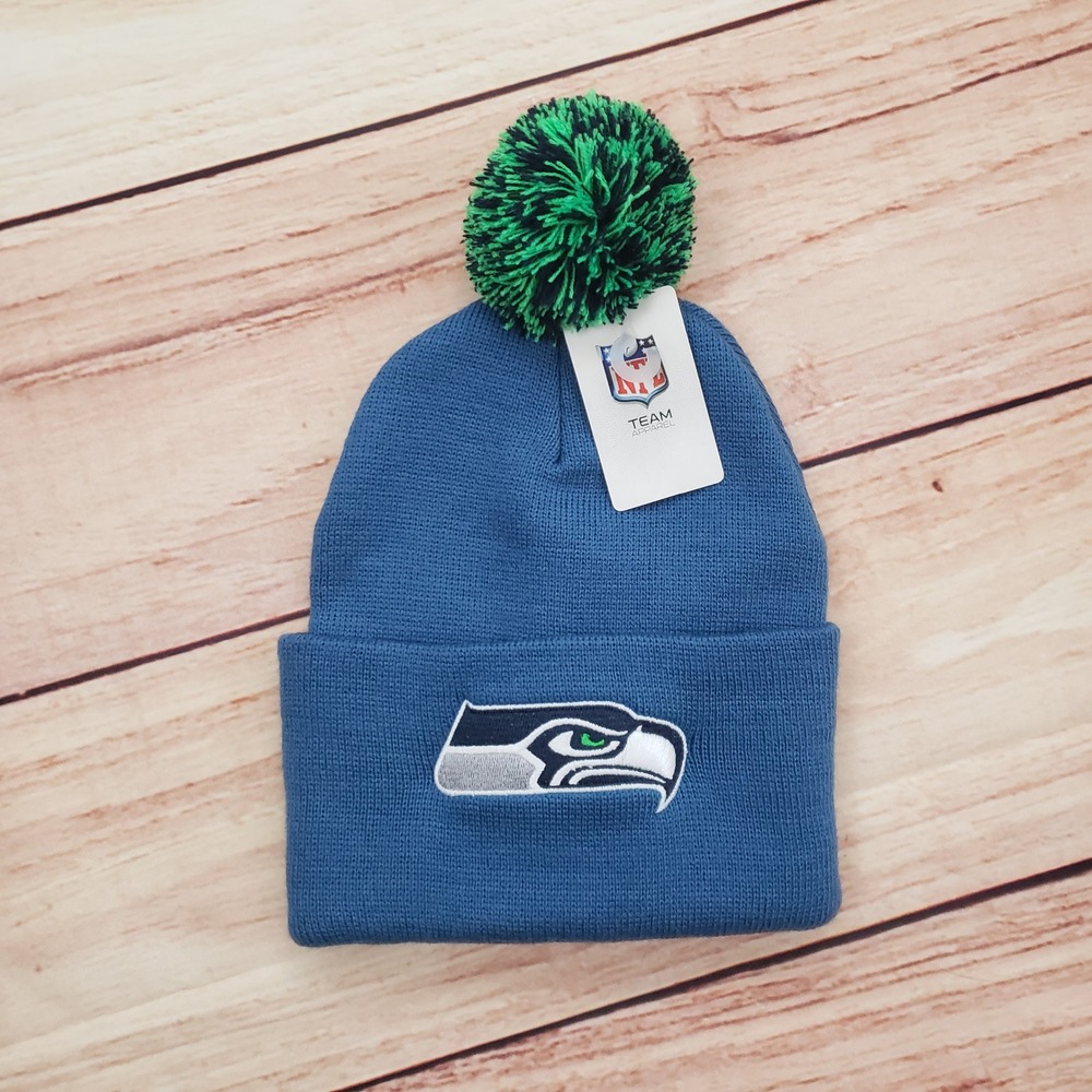 Seattle Seahawks Hat Cap Beanie One Size Blue Green NFL Football Pom Mens NEW A4